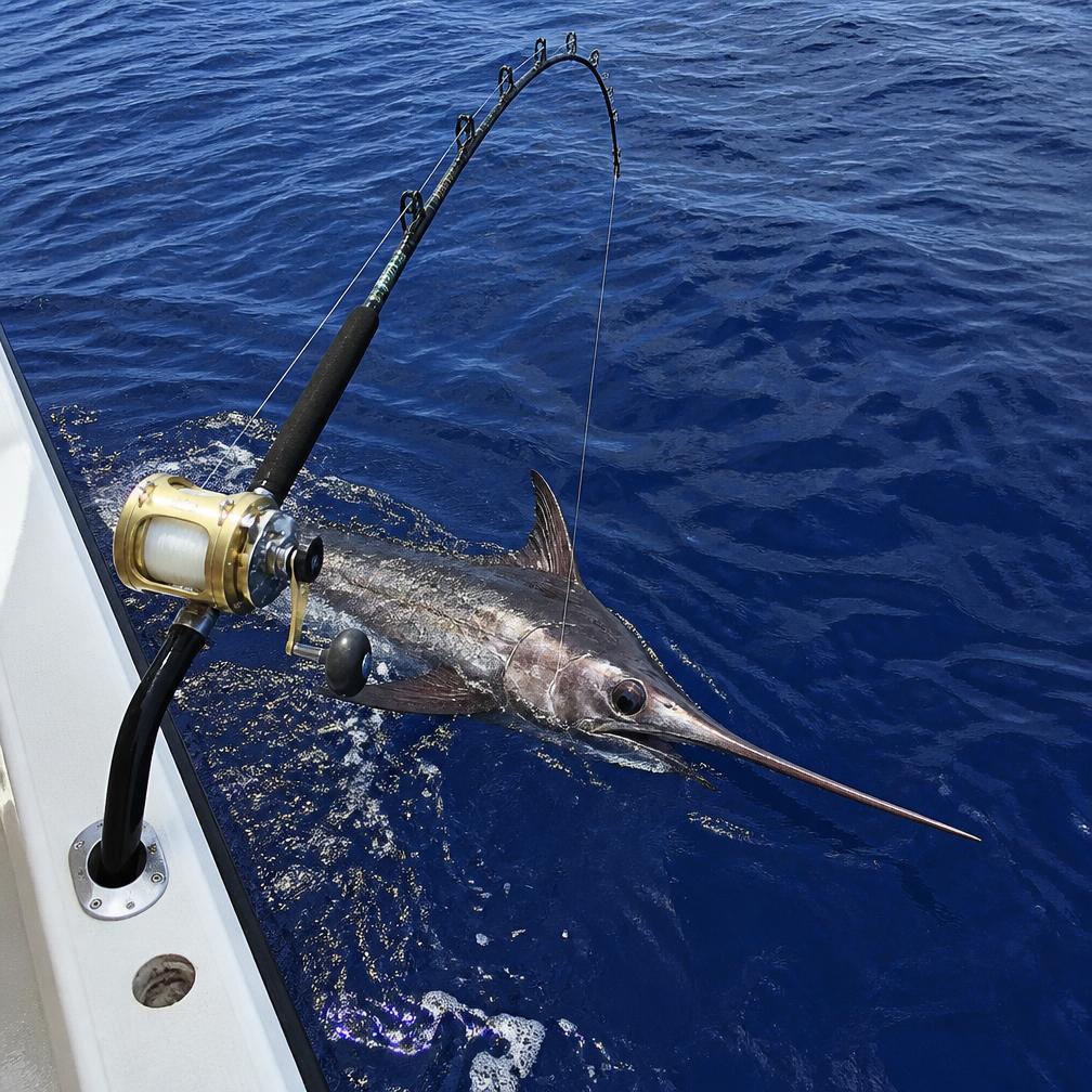 A swordfish alongside the boat in deep blue water