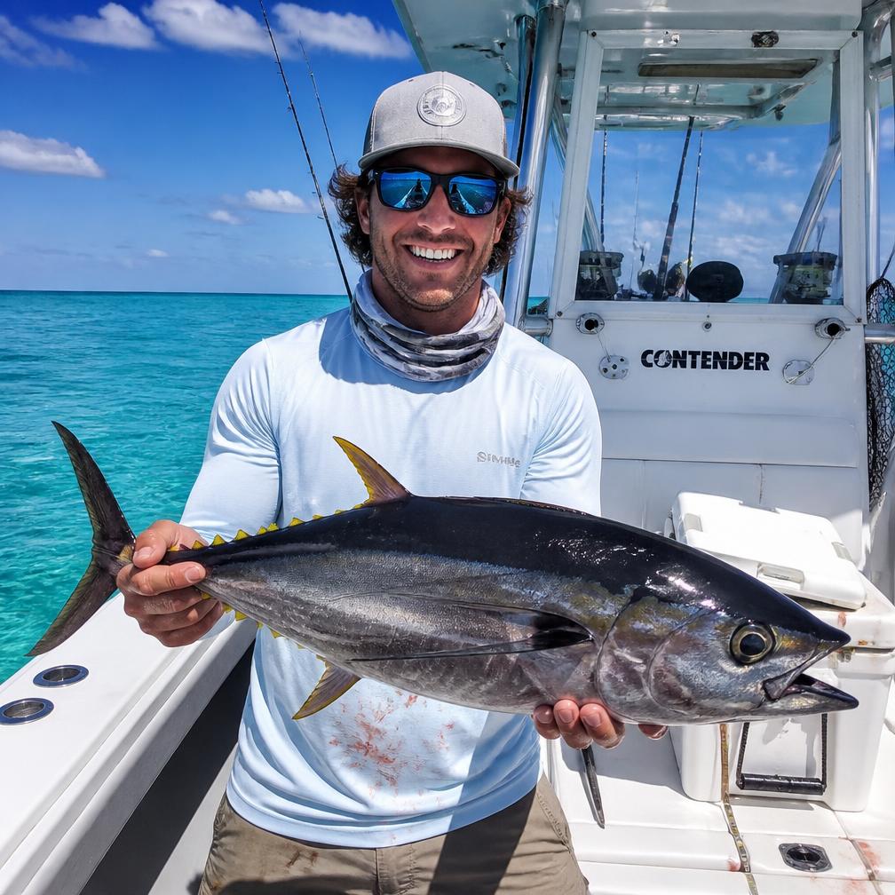 An angler holding a blackfin tuna on deck
